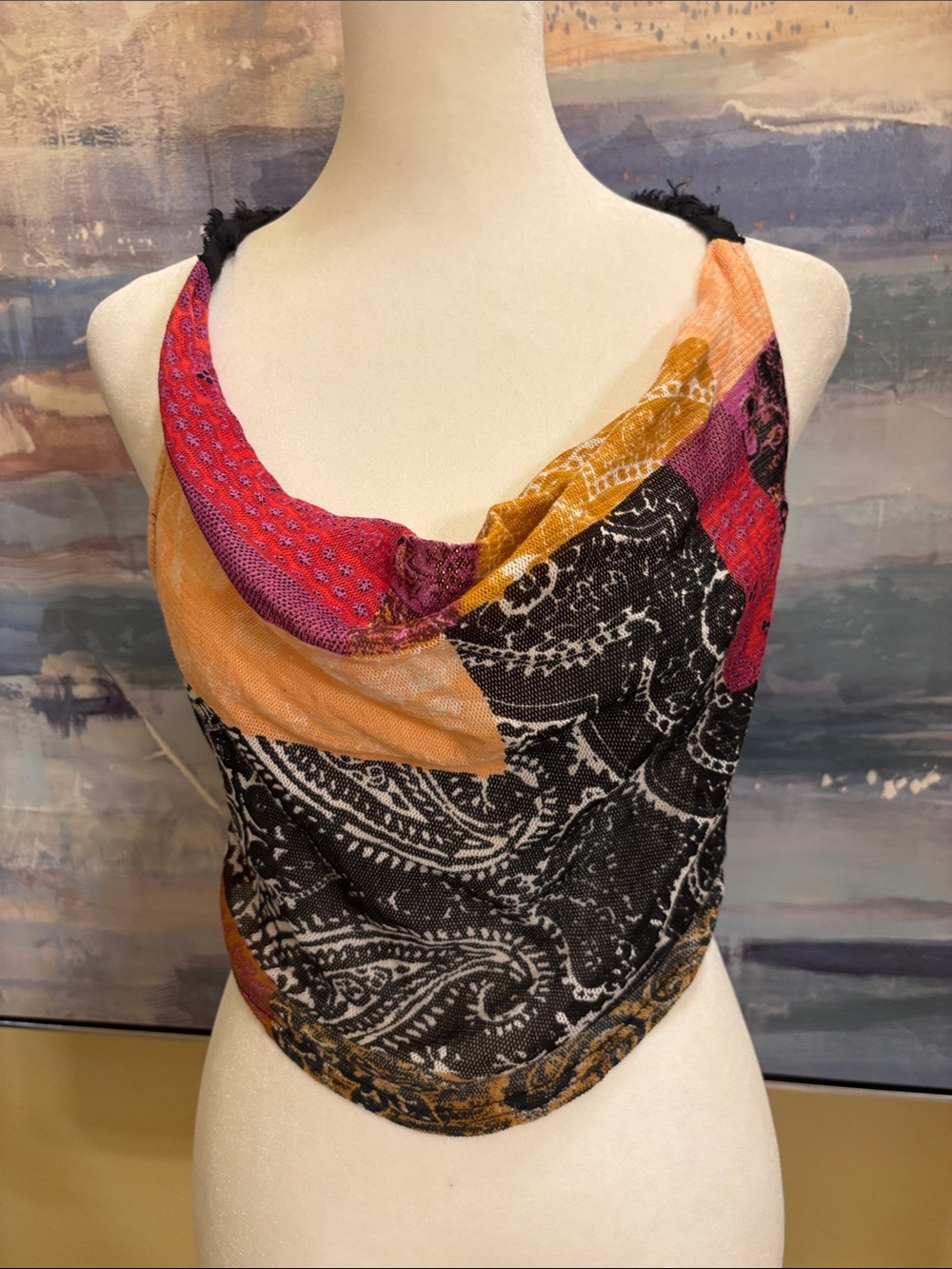 Free People Patchwork Paisley V-Neck Cropped Tank — Black, Purple, Orange, Gold